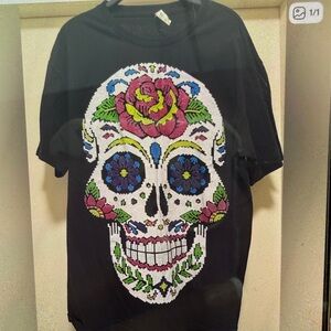Black T-Shirt with Colorful Skull Design